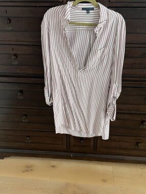 Saks Fifth Avenue Pink and White Striped V-Neck Roll-Tab Tunic